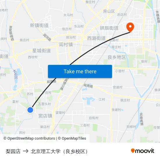 梨园店 to 北京理工大学（良乡校区） map