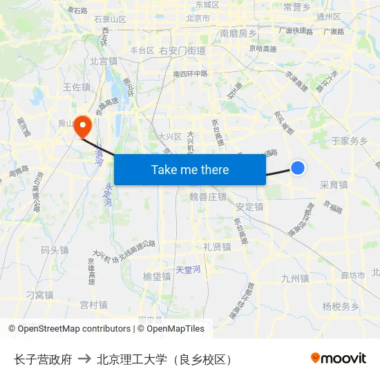 长子营政府 to 北京理工大学（良乡校区） map