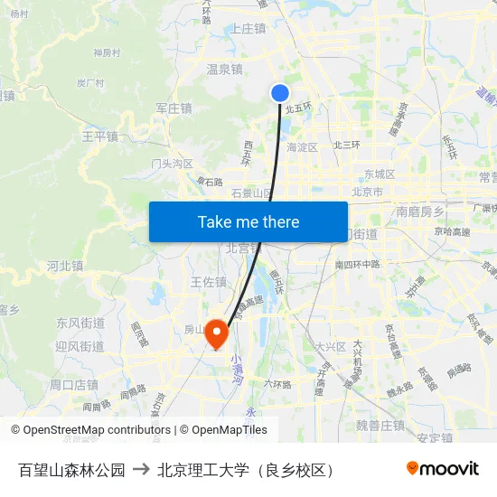 百望山森林公园 to 北京理工大学（良乡校区） map