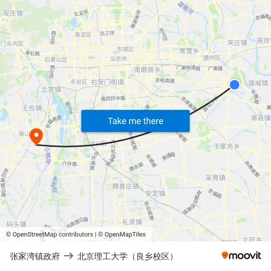 张家湾镇政府 to 北京理工大学（良乡校区） map