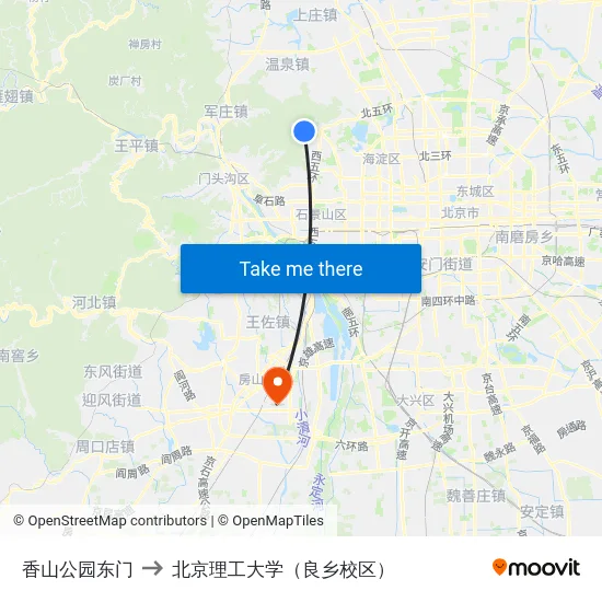 香山公园东门 to 北京理工大学（良乡校区） map