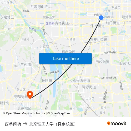 西单商场 to 北京理工大学（良乡校区） map