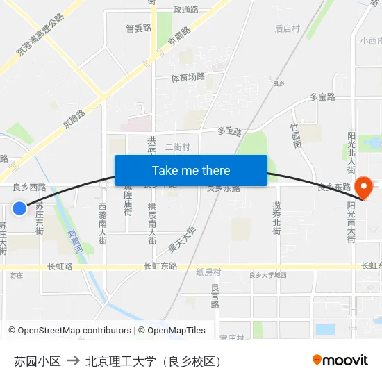 苏园小区 to 北京理工大学（良乡校区） map