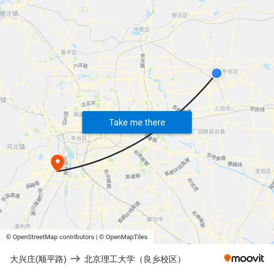 大兴庄(顺平路) to 北京理工大学（良乡校区） map