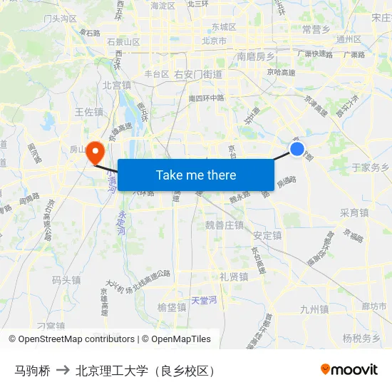 马驹桥 to 北京理工大学（良乡校区） map