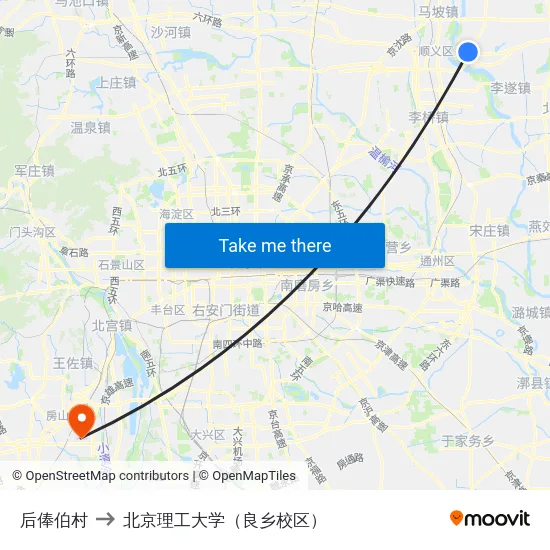 后俸伯村 to 北京理工大学（良乡校区） map