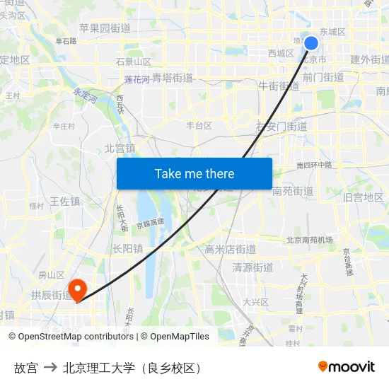 故宫 to 北京理工大学（良乡校区） map