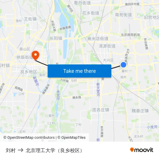 刘村 to 北京理工大学（良乡校区） map