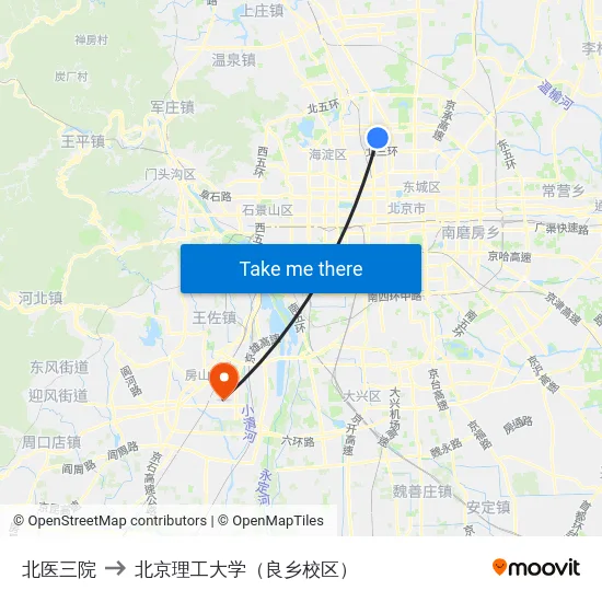 北医三院 to 北京理工大学（良乡校区） map