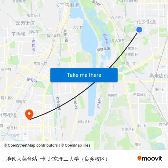 地铁大葆台站 to 北京理工大学（良乡校区） map