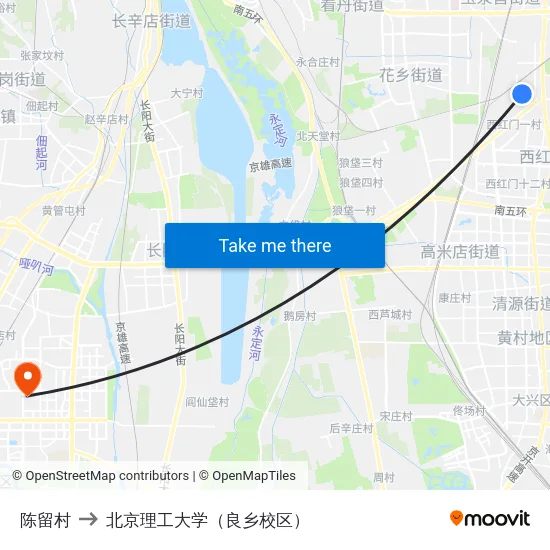 陈留村 to 北京理工大学（良乡校区） map