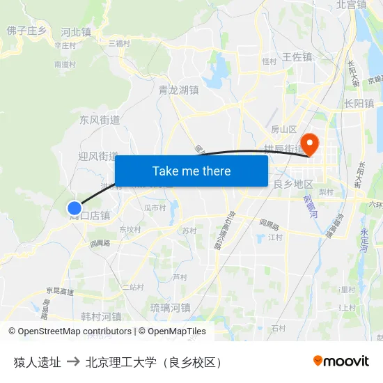 猿人遗址 to 北京理工大学（良乡校区） map