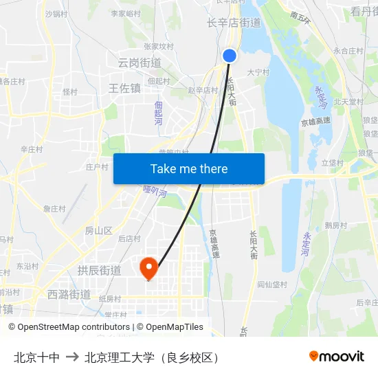 北京十中 to 北京理工大学（良乡校区） map