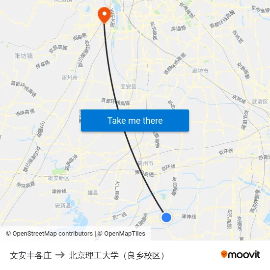 文安丰各庄 to 北京理工大学（良乡校区） map