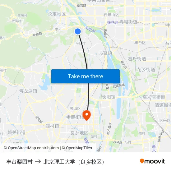 丰台梨园村 to 北京理工大学（良乡校区） map