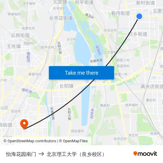 怡海花园南门 to 北京理工大学（良乡校区） map