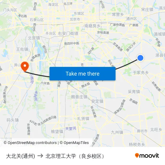 大北关(通州) to 北京理工大学（良乡校区） map