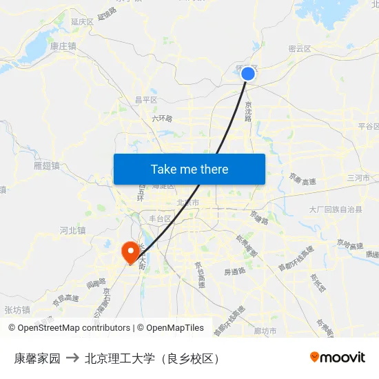康馨家园 to 北京理工大学（良乡校区） map
