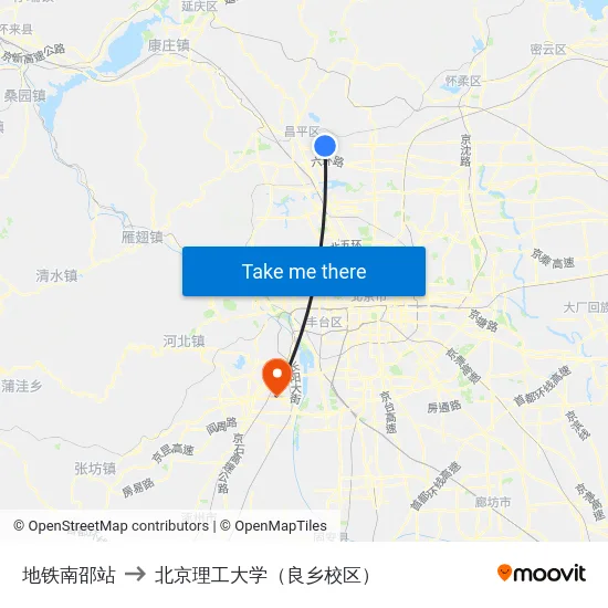 地铁南邵站 to 北京理工大学（良乡校区） map