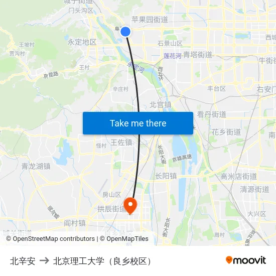 北辛安 to 北京理工大学（良乡校区） map