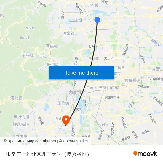 朱辛庄 to 北京理工大学（良乡校区） map