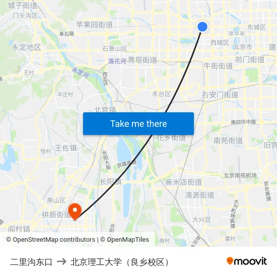 二里沟东口 to 北京理工大学（良乡校区） map