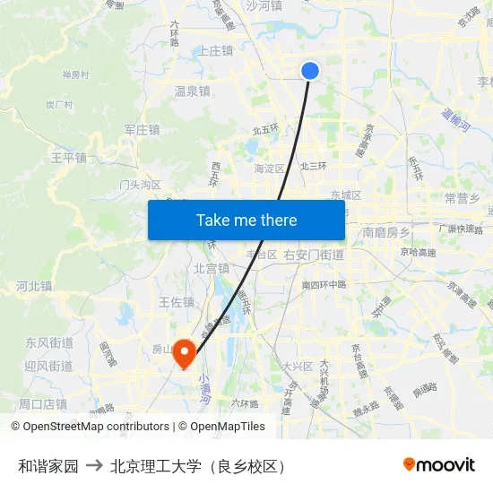 和谐家园 to 北京理工大学（良乡校区） map