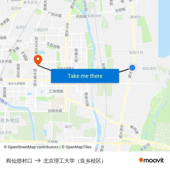阎仙垡村口 to 北京理工大学（良乡校区） map
