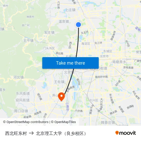 西北旺东村 to 北京理工大学（良乡校区） map