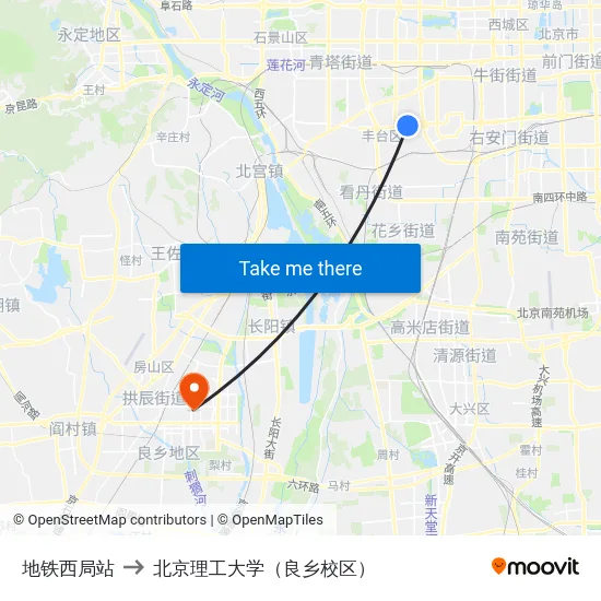 地铁西局站 to 北京理工大学（良乡校区） map