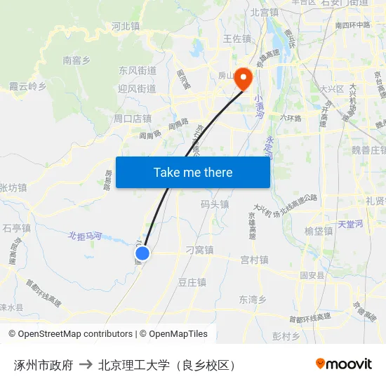 涿州市政府 to 北京理工大学（良乡校区） map