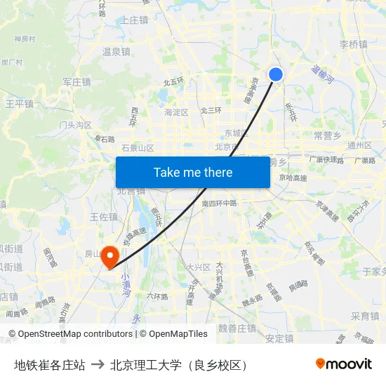 地铁崔各庄站 to 北京理工大学（良乡校区） map