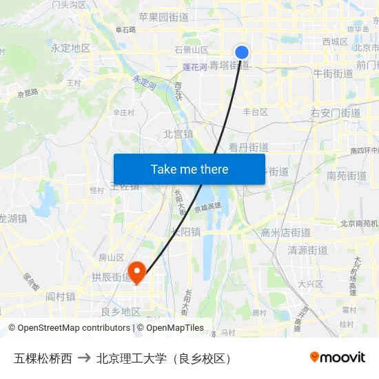 五棵松桥西 to 北京理工大学（良乡校区） map