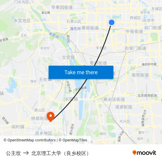 公主坟 to 北京理工大学（良乡校区） map