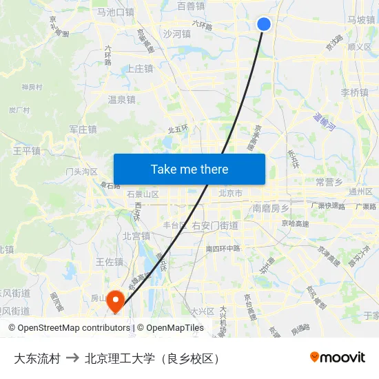 大东流村 to 北京理工大学（良乡校区） map