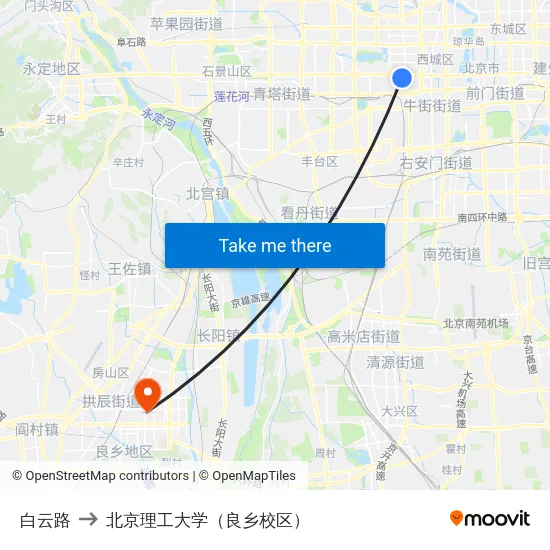 白云路 to 北京理工大学（良乡校区） map