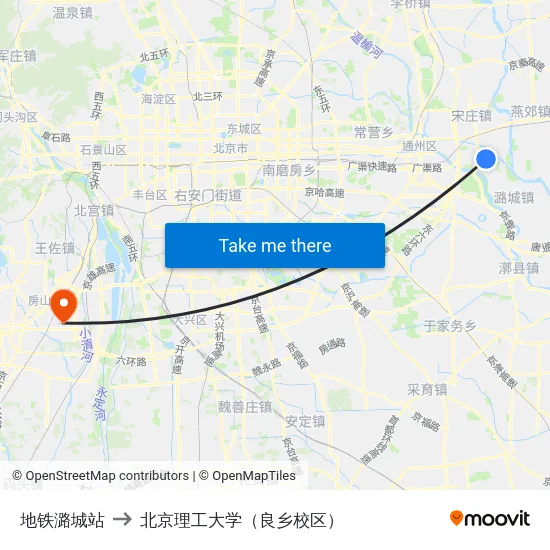 地铁潞城站 to 北京理工大学（良乡校区） map