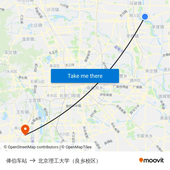 俸伯车站 to 北京理工大学（良乡校区） map