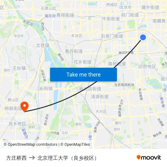 方庄桥西 to 北京理工大学（良乡校区） map