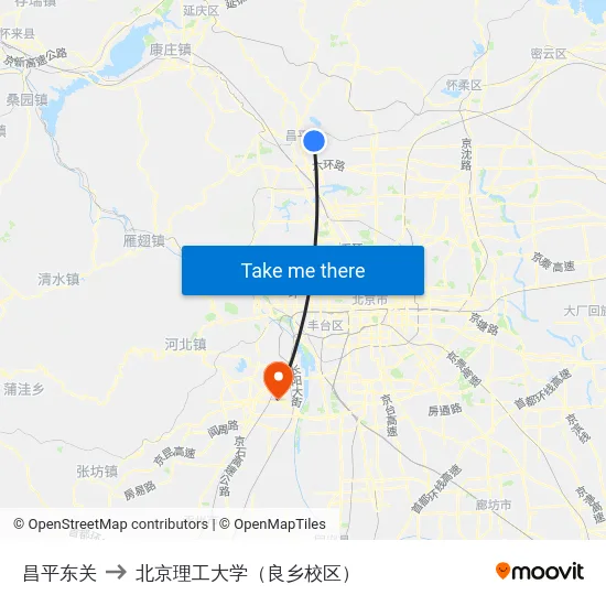 昌平东关 to 北京理工大学（良乡校区） map