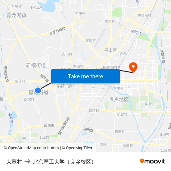 大董村 to 北京理工大学（良乡校区） map