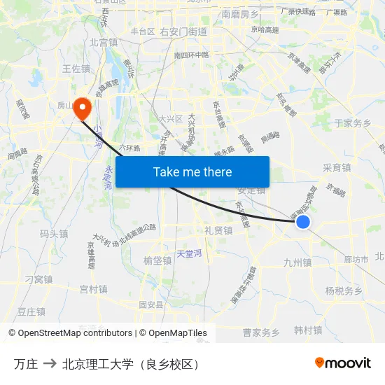 万庄 to 北京理工大学（良乡校区） map