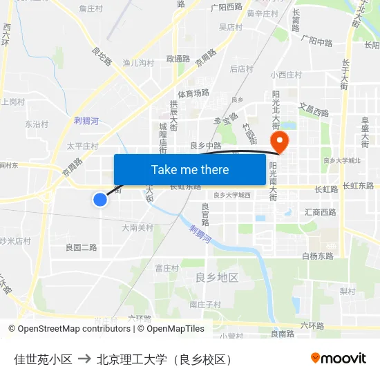 佳世苑小区 to 北京理工大学（良乡校区） map