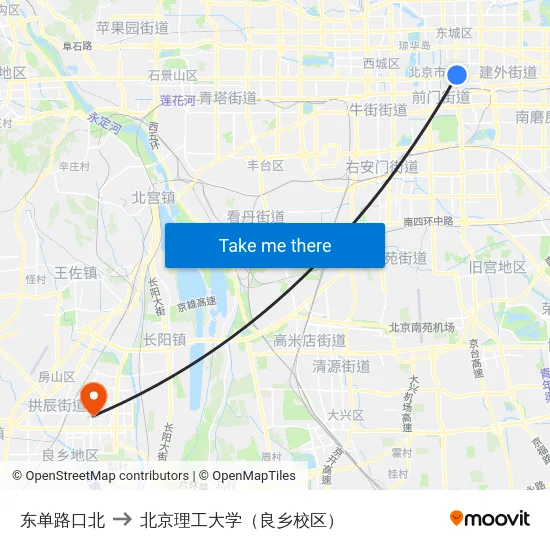 东单路口北 to 北京理工大学（良乡校区） map