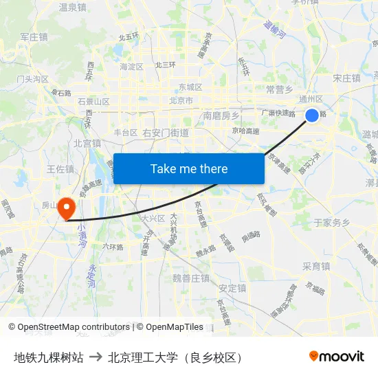 地铁九棵树站 to 北京理工大学（良乡校区） map