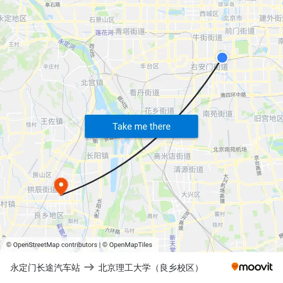 永定门长途汽车站 to 北京理工大学（良乡校区） map