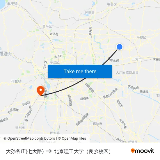 大孙各庄(七大路) to 北京理工大学（良乡校区） map