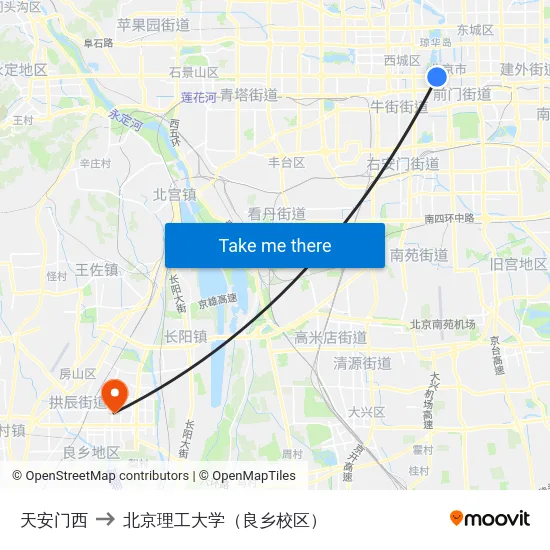天安门西 to 北京理工大学（良乡校区） map