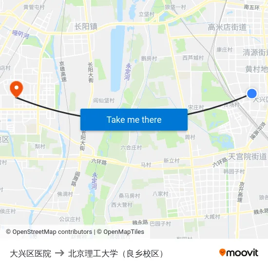 大兴区医院 to 北京理工大学（良乡校区） map