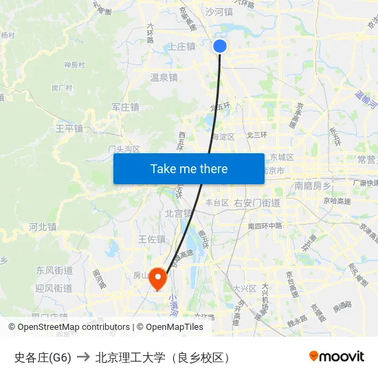 史各庄(G6) to 北京理工大学（良乡校区） map